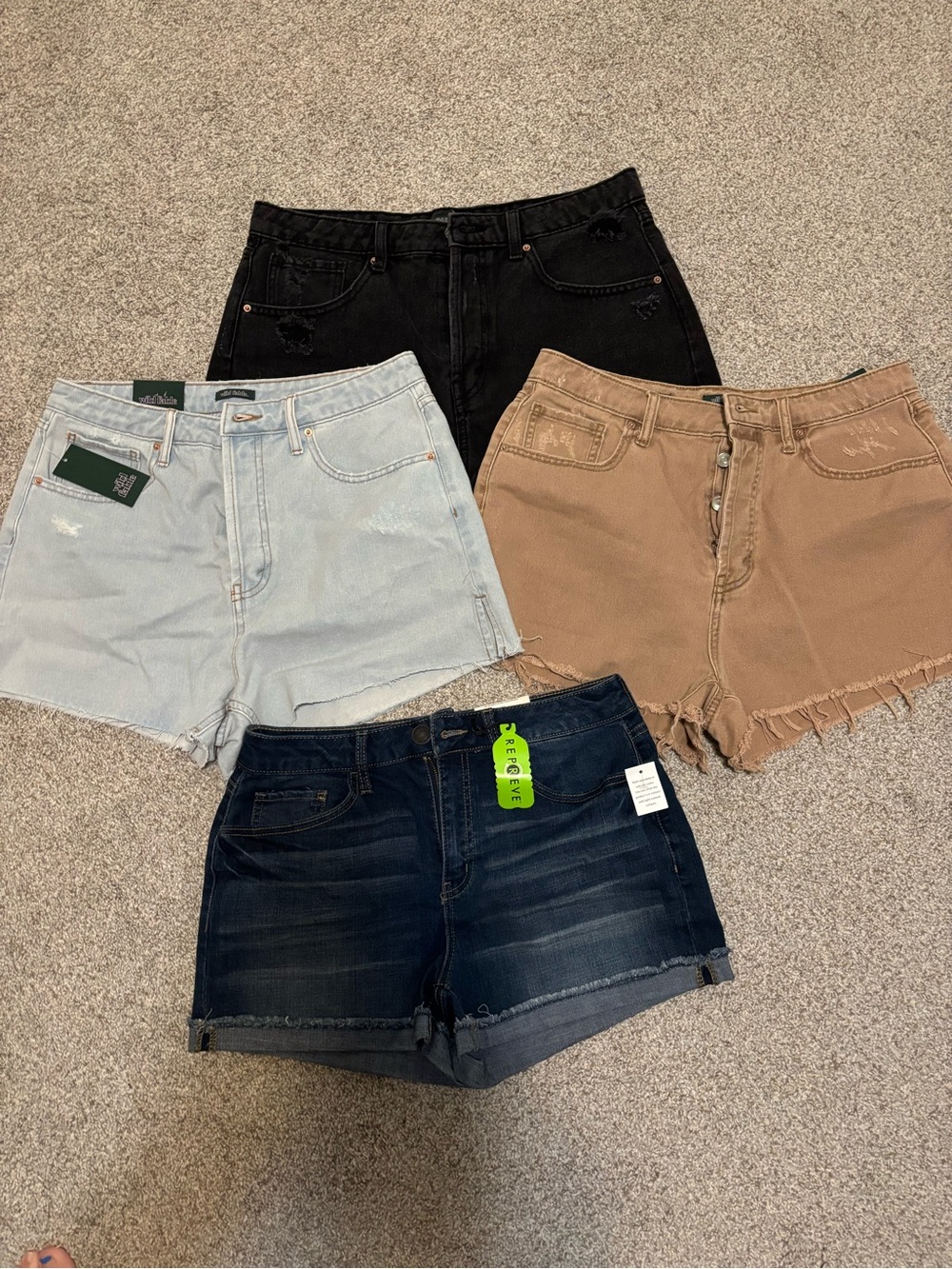 Assorted Women's Denim Shorts. Black, Light Blue, Tan, Dark Blue.